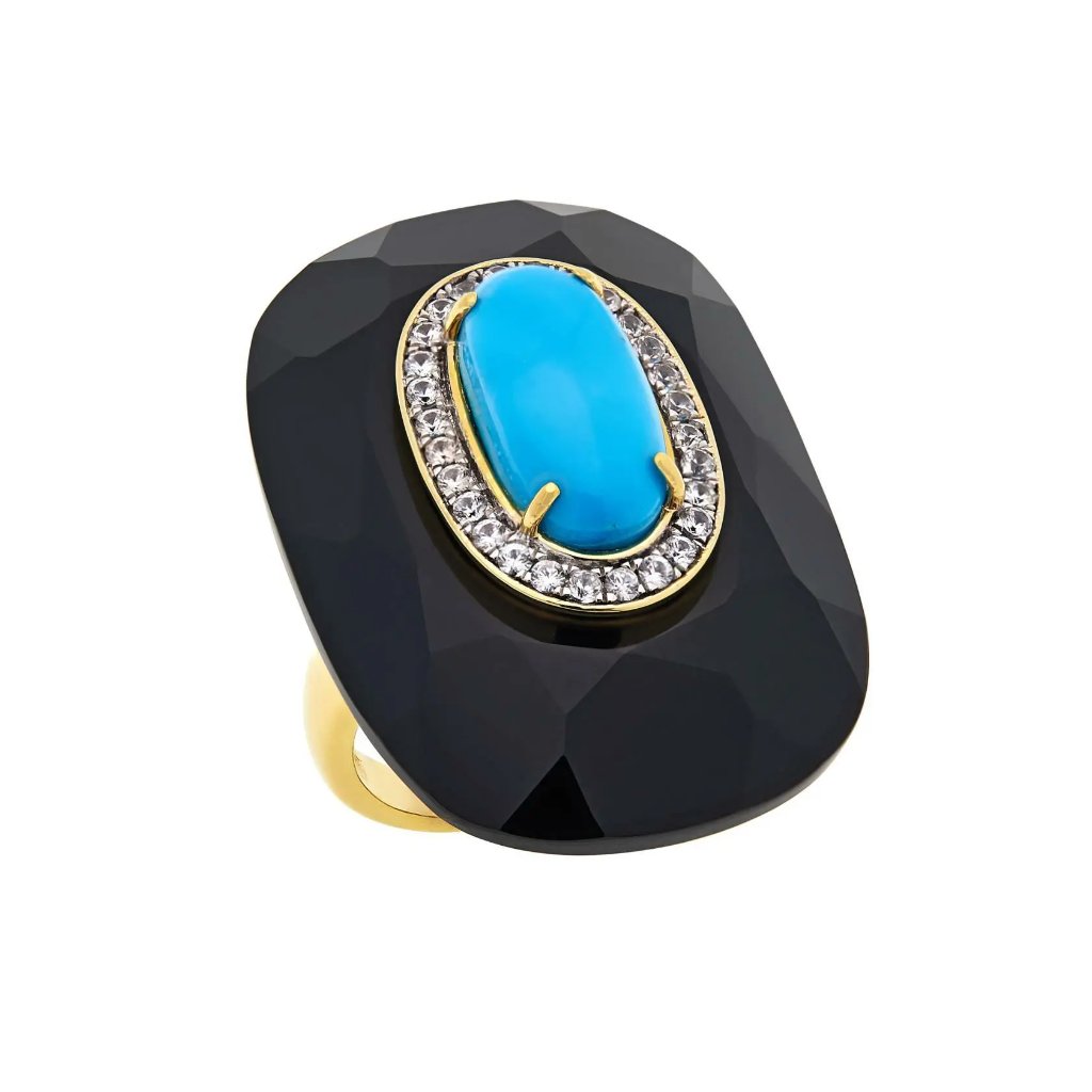 Rarities Goldclad Faceted Onyx, Turquoise & White Zircon Oval Ring